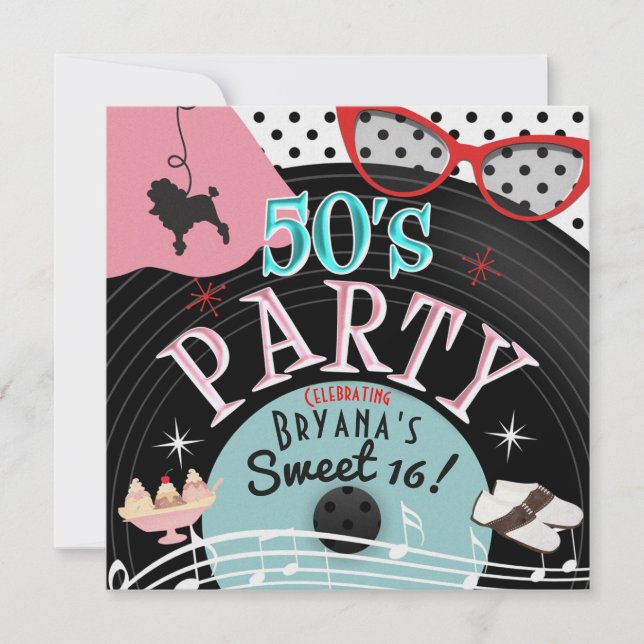 Invitations de fêtes à thème des années 50 (Devant)