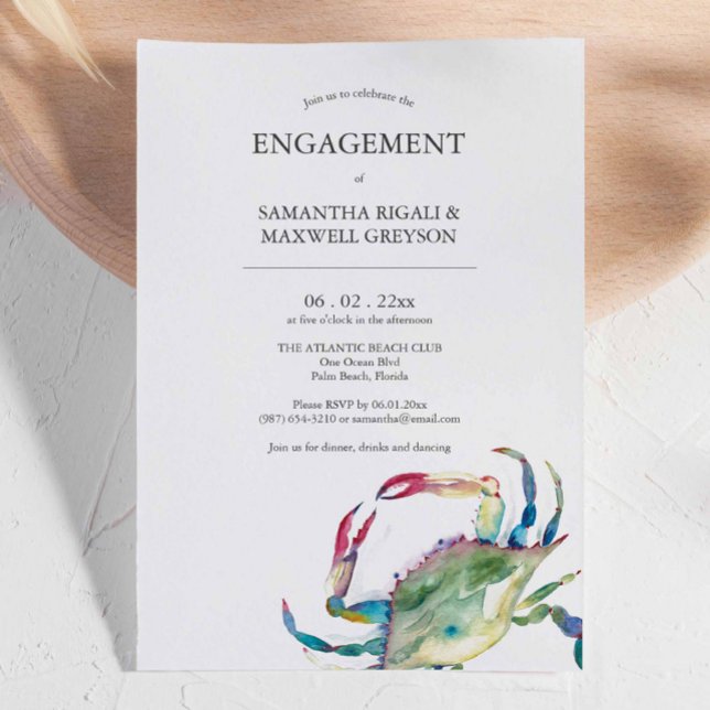 Invitations de Fiançailles de crabes marins (Nautical crab engagement invitations features unique art and design by Victoria Grigaliunas)