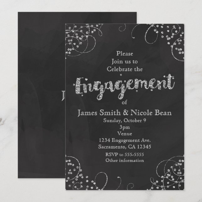 Invitations de Fiançailles élégants Black & Silver (Devant / Derrière)