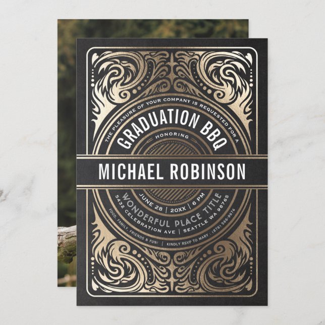 Invitations de fin d'études Gold Foil Black Photo (Devant / Derrière)