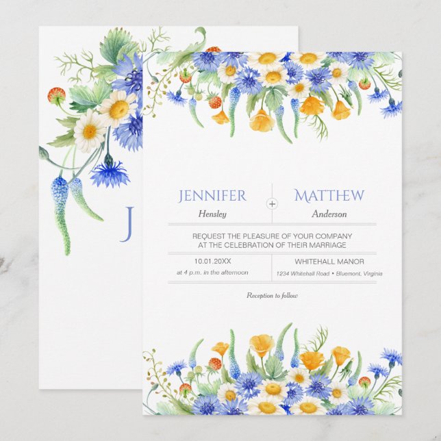 Invitations de Fleurs sauvages jaunes bleu Aquarel (Devant / Derrière)