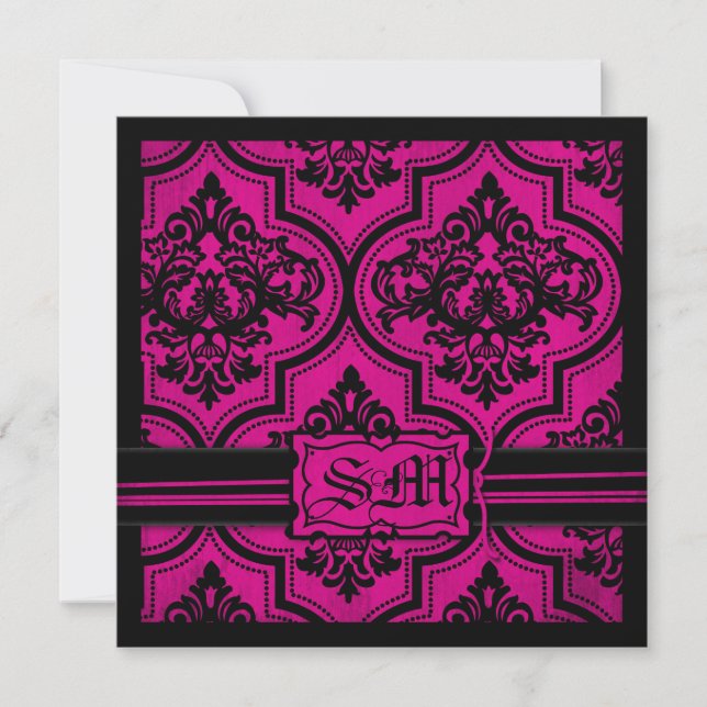 Invitations de Goth Fuchsia Black Mariage damassé (Devant)