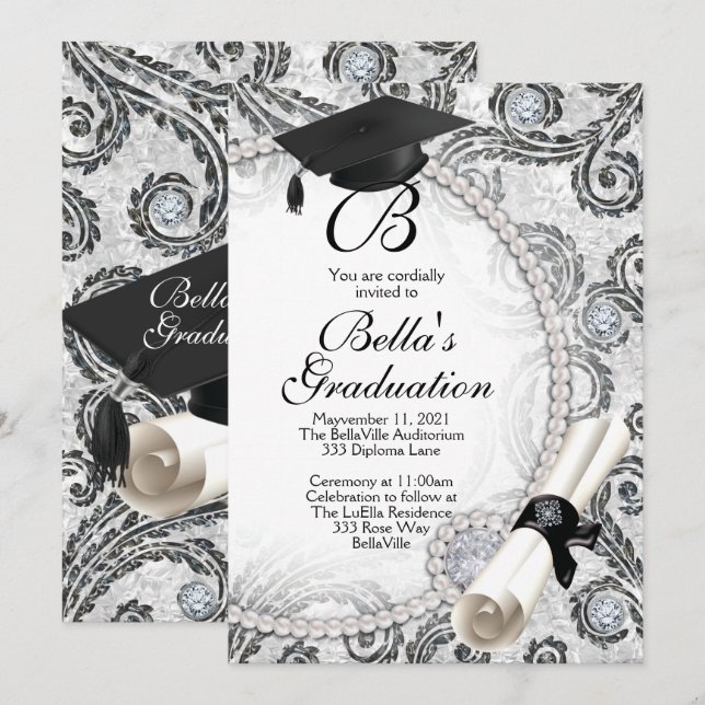Invitations de graduation Bling Pearl (Devant / Derrière)