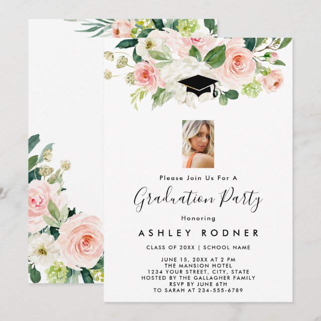 Invitations de graduation florale floue (Devant / Derrière)