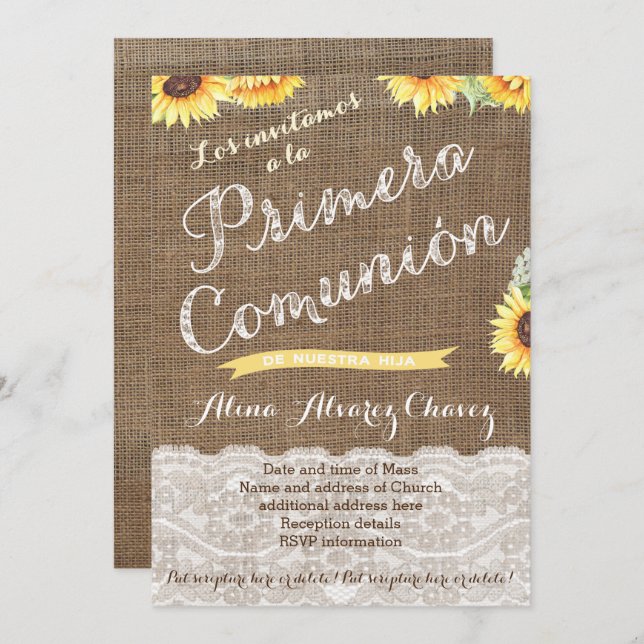 Invitations de la 1ère communion espagnole pour la (Devant / Derrière)