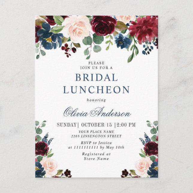 Invitations de la Burgundy Navy Floral BRIDAL LUNC (Devant)