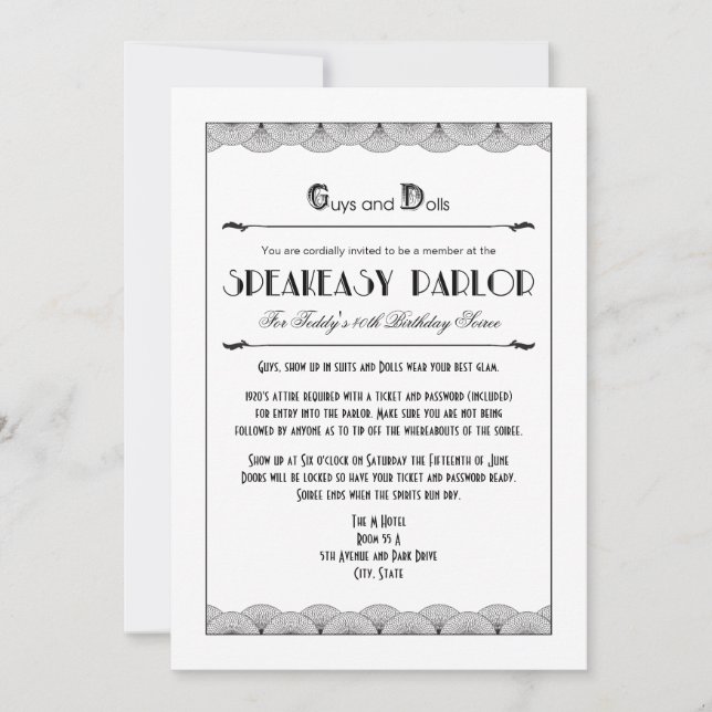 Invitations de la Fête à thème des années 20 (Devant)
