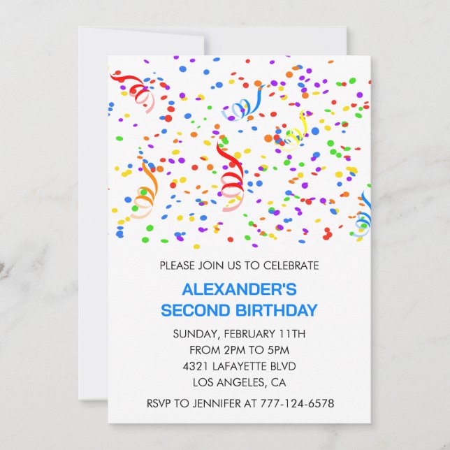 Invitations de la fête couleur bleu garçon confett (Devant)