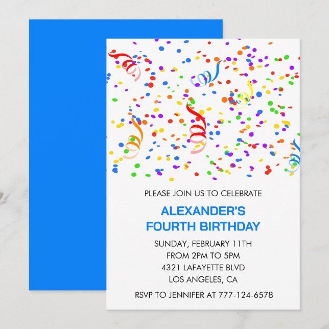 Invitations de la fête couleur bleu garçon confett (Devant / Derrière)