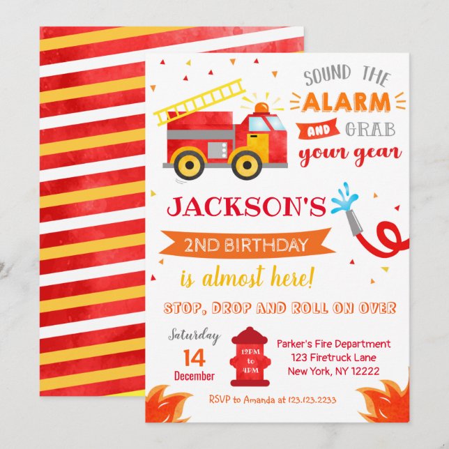 Invitations de la fête d'anniversaire de Firetruck (Devant / Derrière)