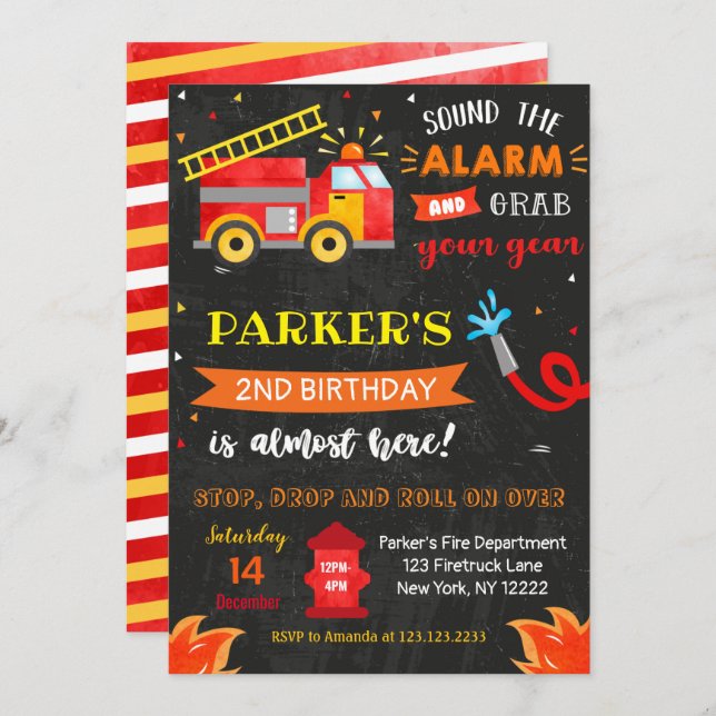 Invitations de la fête d'anniversaire de Firetruck (Devant / Derrière)