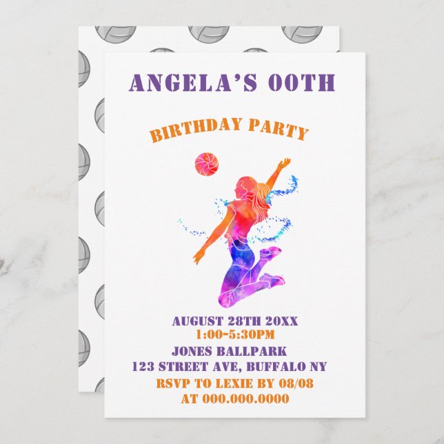 Invitations de la fête d'anniversaire de volley-ba (Devant / Derrière)