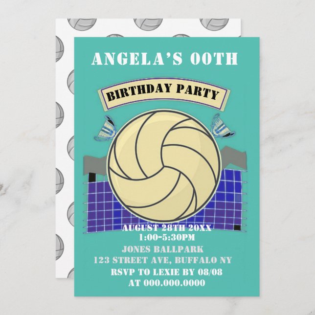 Invitations de la fête d'anniversaire de volley-ba (Devant / Derrière)