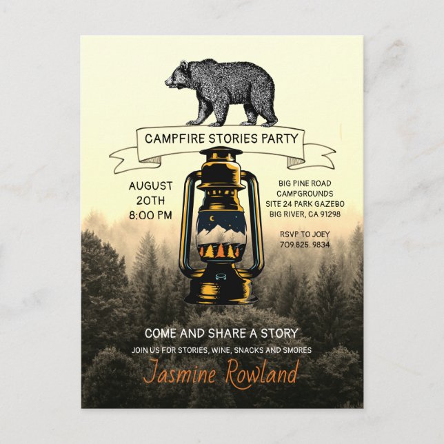 Invitations de la fête de feu de camp d'ours rusti (Devant)