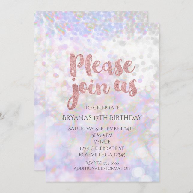 Invitations de la fête de glam rose Iridescente (Devant / Derrière)