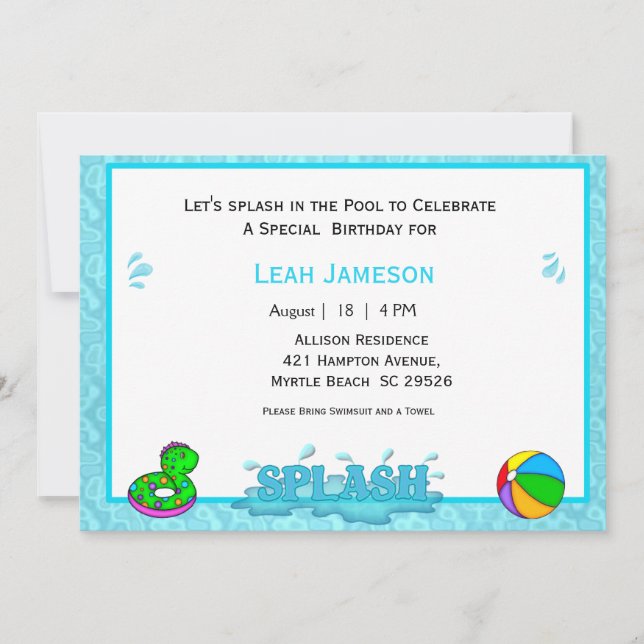 Invitations de la fête de la piscine pour enfants (Devant)