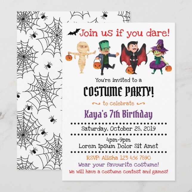 Invitations de la fête du costume d'Halloween (Devant / Derrière)