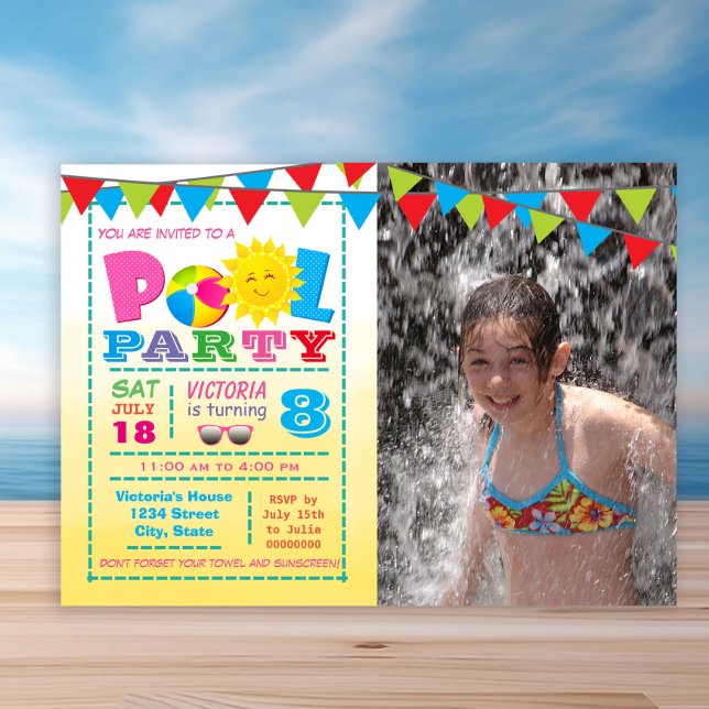 Invitations de la Fête du Pool de filles (Cute any number pool birthday party invitation. Simply add your details and photo.)