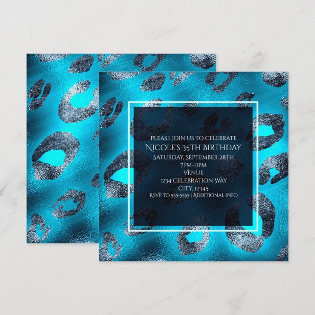 Invitations de la fête Empreinte de léopard Blue & (Devant / Derrière)