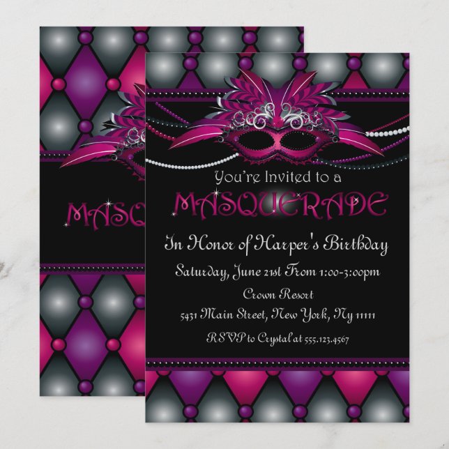 Invitations de la fête mascarade violet (Devant / Derrière)