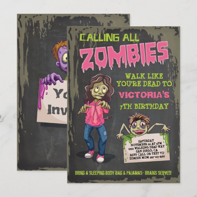 Invitations de la Fille Zombie fête d'anniversaire (Devant / Derrière)