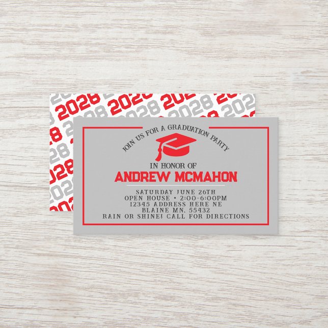 Invitations de la mini-graduation Red & Grey (Red and Silver Grey Grad Cap Mini Graduation Invites for Friends, Team Mates or as Inserts!)