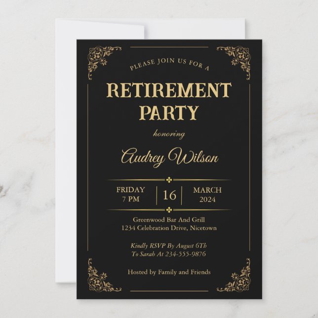 Invitations de la partie de retraite Elégant Black (Devant)