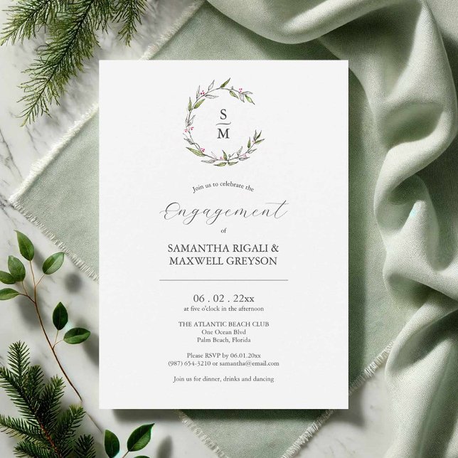 Invitations de la partie d'engagement Botanique hi (Hand drawn engagement party invitations botanical art by Victoria Grigaliunas of Do Tell A Belle)