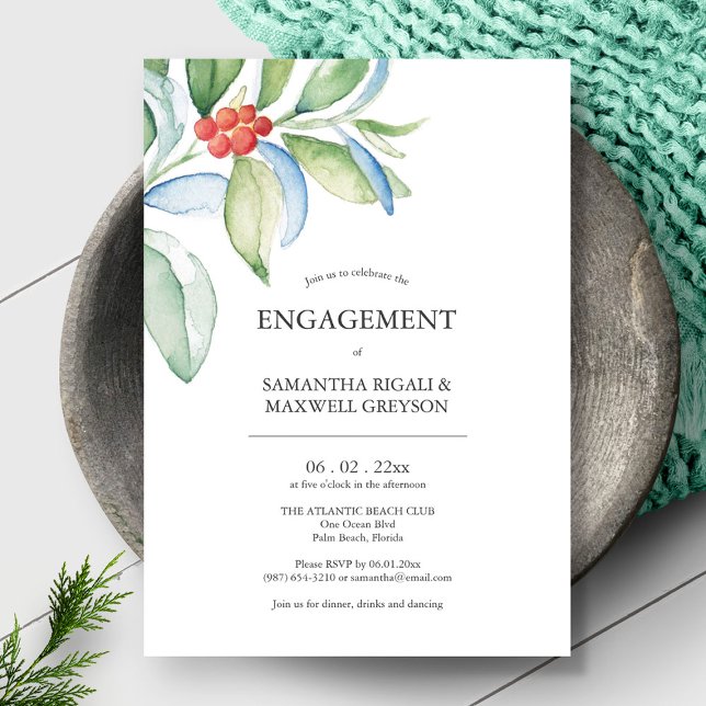 Invitations de la partie d'engagement Festive verd (Christmas theme engagement party invitations unique watercolor art and design  Victoria Grigaliunas)