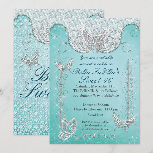 Invitations de la partie papillon diamant (Devant / Derrière)