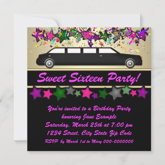 Invitations de la partie Sweet sixteen à la limous (Devant)