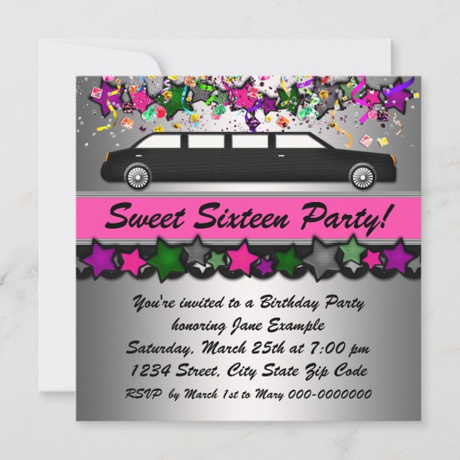 Invitations de la partie Sweet sixteen à la limous (Devant)