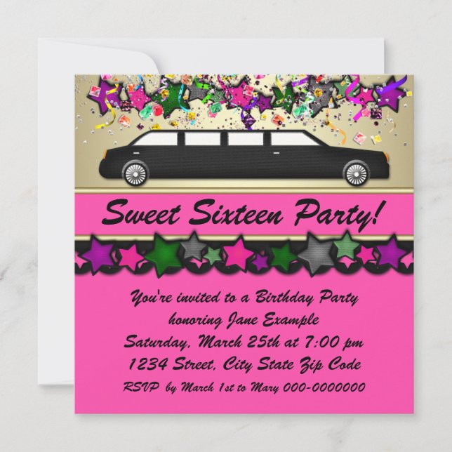 Invitations de la partie Sweet sixteen à la limous (Devant)