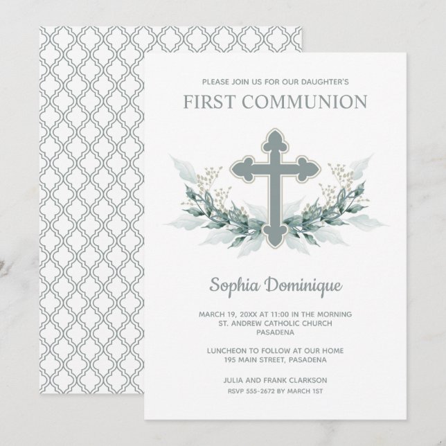 Invitations de la première communion croisée verte (Devant / Derrière)
