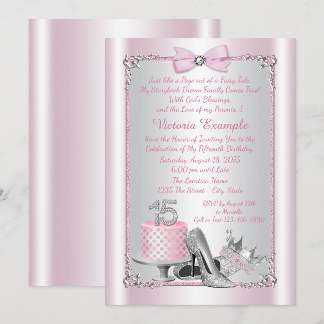 Invitations de la princesse rose Quinceanera (Devant / Derrière)