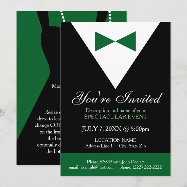 Invitations de la soirée moderne de Tuxedo Black a (Devant / Derrière)