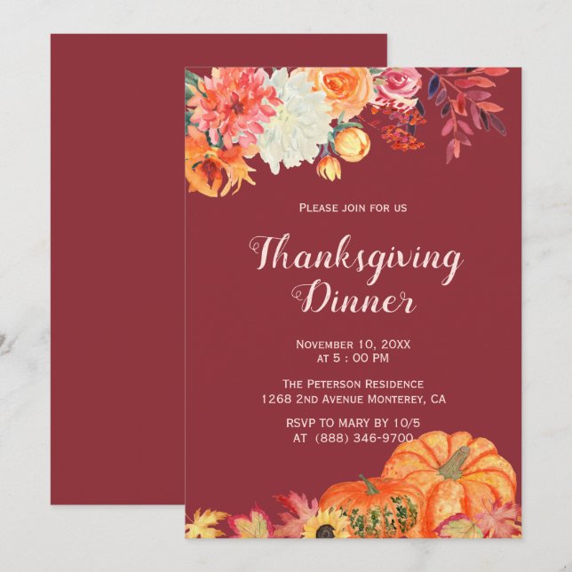 Invitations de l'Citrouille Floral d'automne (Devant / Derrière)