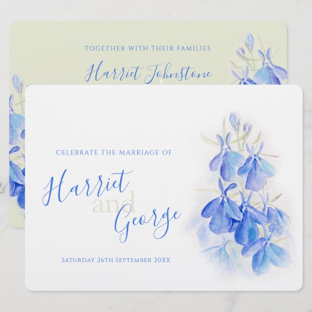 Invitations de mariage à dos bleu fleuri (Devant / Derrière)