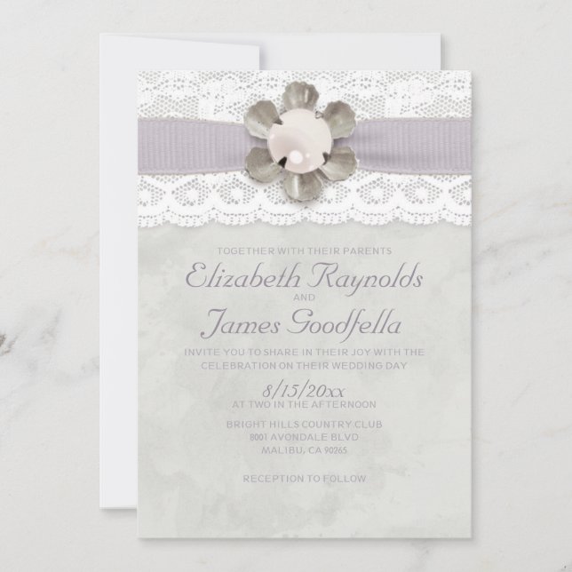 Invitations de mariage à la dentelle et aux perles (Devant)