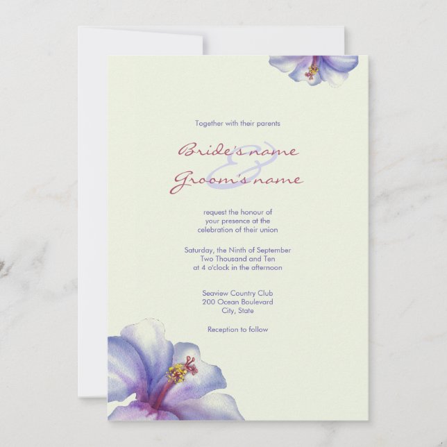 Invitations de mariage à l'hibiscus pourpre d'aqua (Devant)