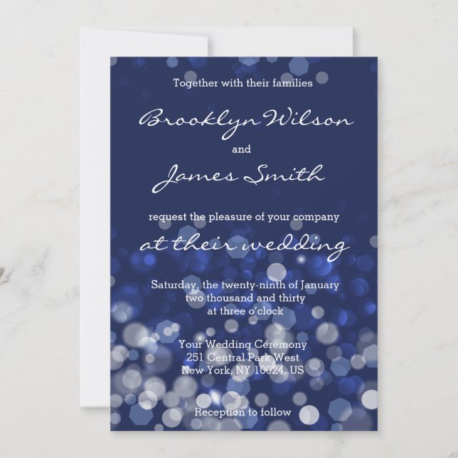 Invitations de mariage à thème d'hiver Blue Bokeh (Devant)