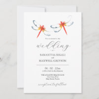 Invitations de mariage aquarelle libellules rouges