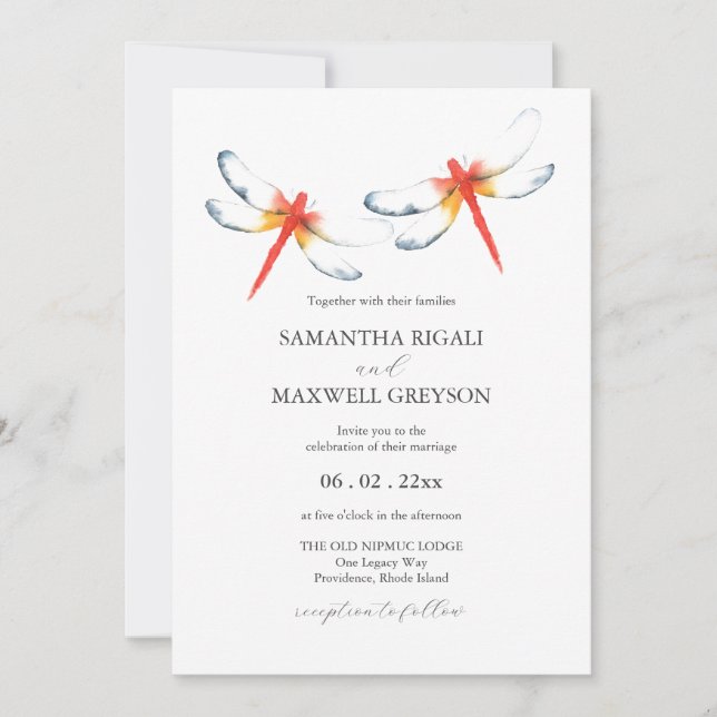 Invitations de mariage Aquarelle rouge libellule (Devant)