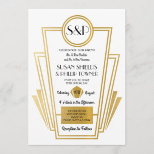 Invitations de mariage Art Déco Élégantes Gold Bla