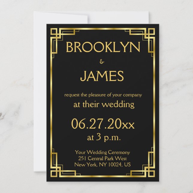 Invitations De Mariage Art Déco Noir Et Or (Devant)