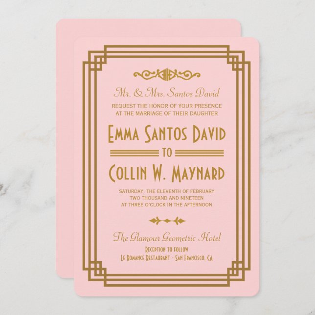 Invitations de mariage Art déco rose simple (Devant / Derrière)