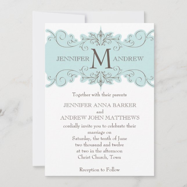 Invitations de mariage au monogramme Brown bleu (Devant)