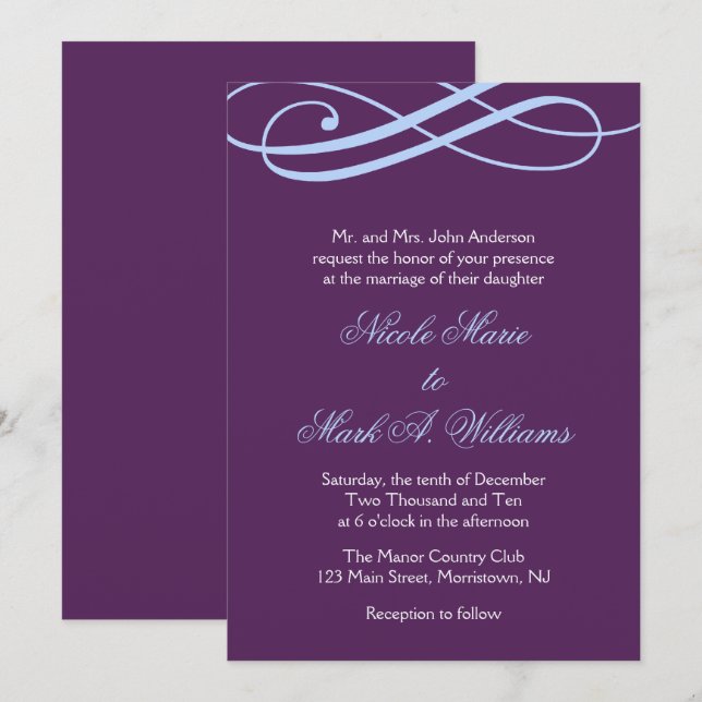Invitations de mariage au prune et au bleu en poud (Devant / Derrière)