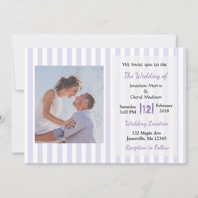 Invitations de mariage avec photo à rayures violet (Devant)