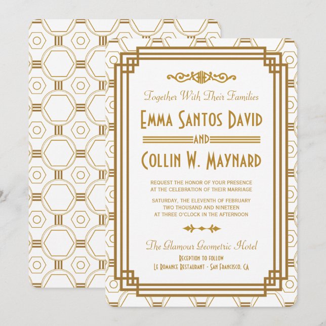 Invitations de mariage blanc Art Déco (Devant / Derrière)
